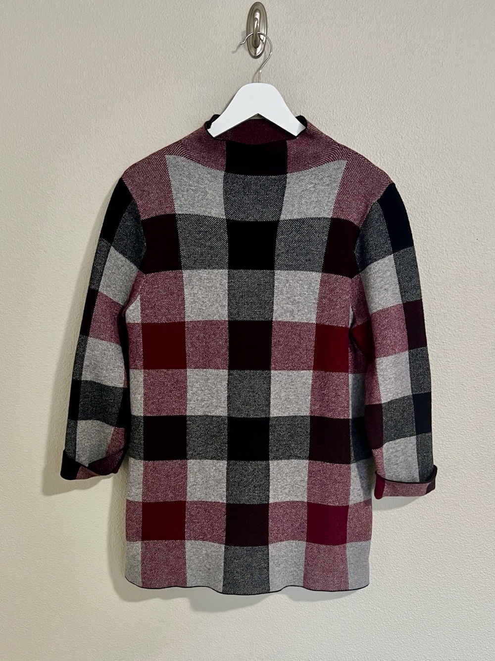 Tahari Burgundy, Grey and Black Checkered Sweater